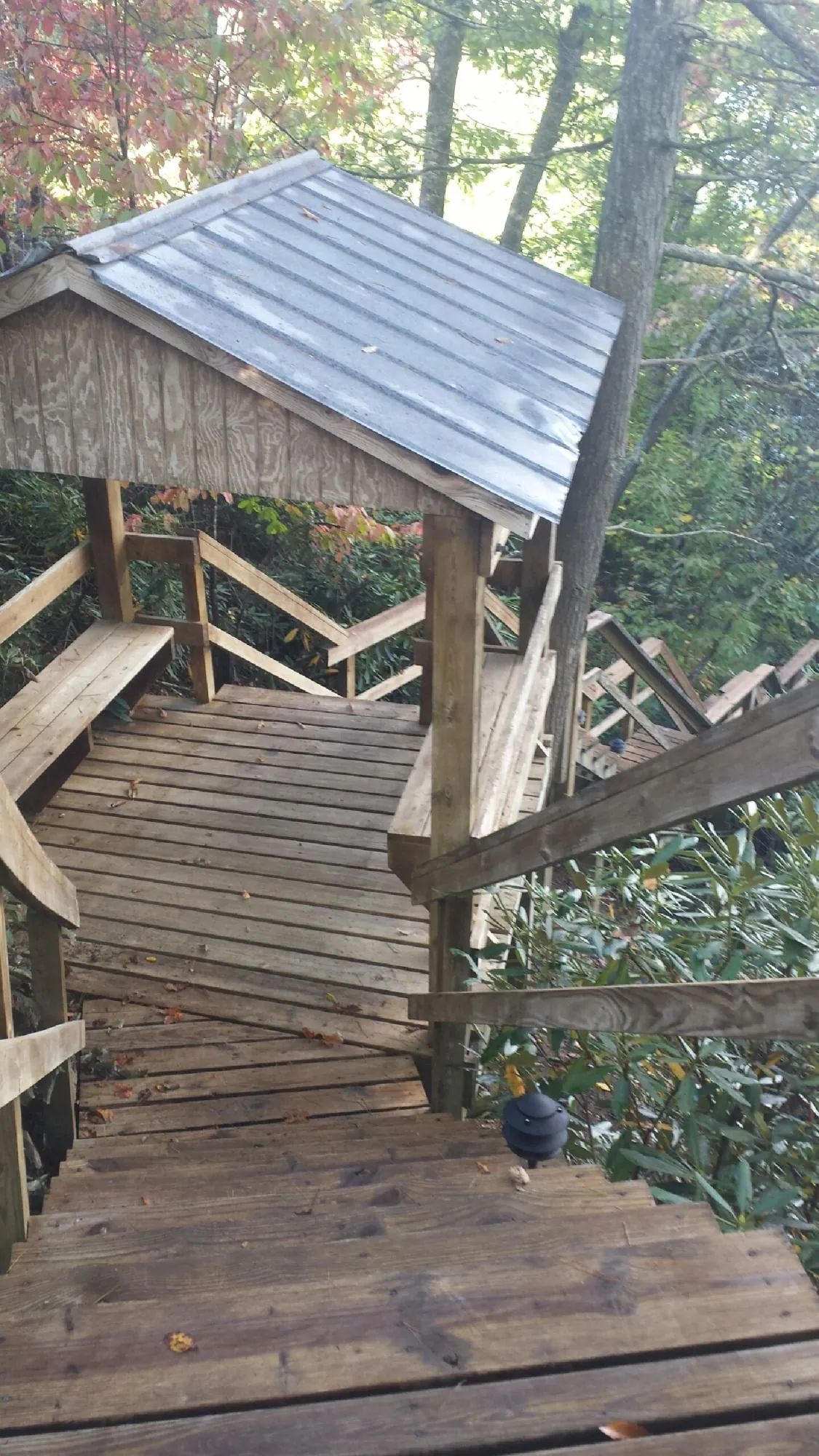 Metal roofed shelter over wooden steps on a wooded walkway — Skylight Repair & Installation work by our crew in Hammett